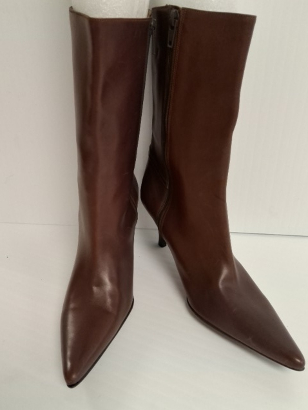 Cole Haan Brown Pointed-Toe Mid-Calf Leather Heeled Boots Size 6 1/2